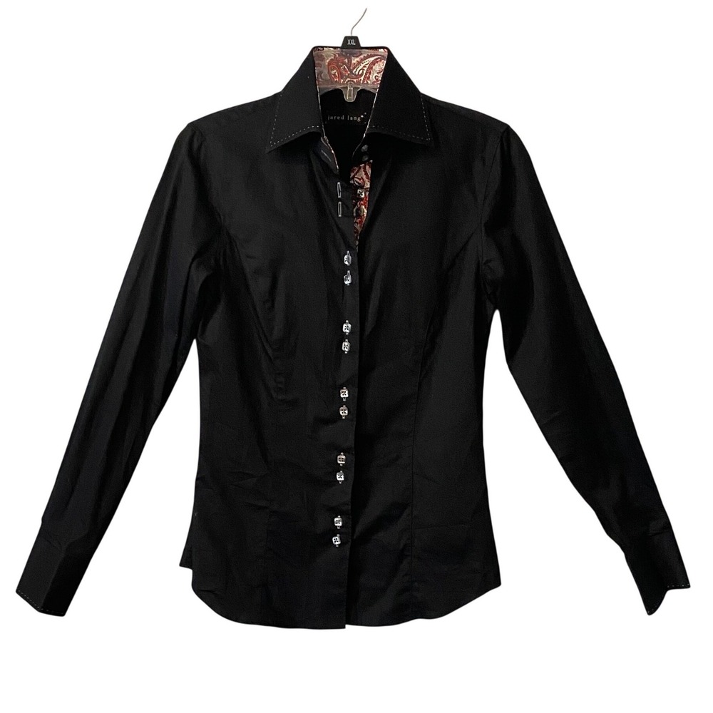 Jared Lang Womens Black Paisley Trim Button Down Shirt‎ Size 2 Western Style